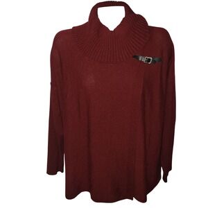 BRIGGS Burgundy Ribbed Cowl Neck Sweater Faux Leather Buckle Accent contemporary